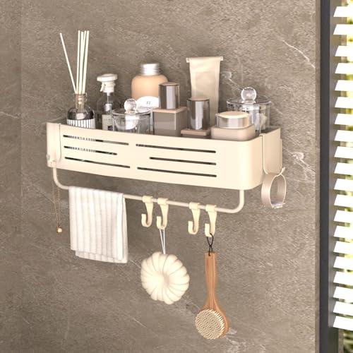 Onemake Shower Caddy Suction Cup, No Drill Shower for Bathroom, Cream White | Removable Aluminum Wall Mounted Organiser Shelves, Waterproof Storage Rack with Hooks, Corner Shampoo Holder