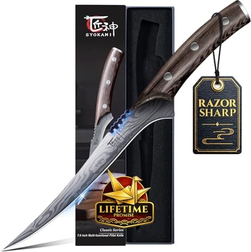 SYOKAMI Filetiermesser Rasiermesserscharf 18,3 cm Ausbeinmesser | Hochflexibles Filetiermesser aus Hochkohlenstoff-Edelstahl mit Holzgriff Vollerl Damastmuster Anglermesser Geschenk Männer