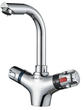 1 Stück Thermostat-Waschbeckenarmatur, Montage auf Theke, Doppelgriff, Waschbecken, Waschbecken, Wasserhahn, Mischbatterie warm und kalt, Reinigung Küchenarmatur (Chrom F)
