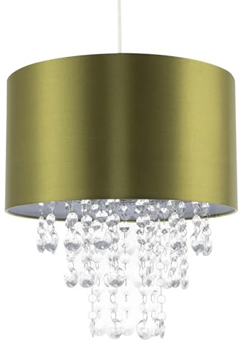 Modern and Eye-Catching Olive Green Satin Fabric Pendant Light Shade with Hanging Transparent Acrylic Droplets | 30cm Diameter by Happy Homewares