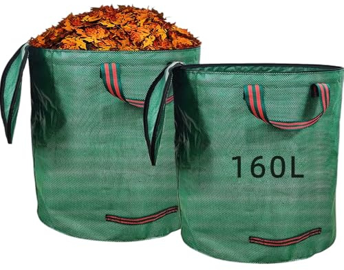 Lot de 2 sacs poubelle de jardin - 160 l - Avec couvercle - Autonome - Avec 4 poignées - Réutilisables et imperméables - Pour tonte de pelouse, feuilles et tontes vertes