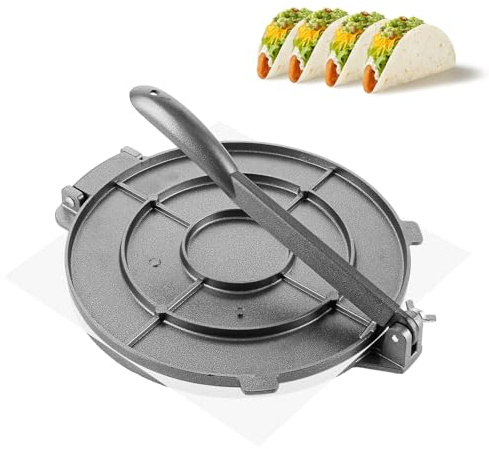 APACALI 1 Stück Tortilla Presse, 25cm Taco Presse, Robuste Gusseisen, Tortilladora Presse, Vorgewürzte Tortilla Maker Tortilla Hersteller, Teigmaschine für Mehl-Tortilla