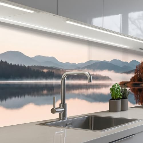 KitchenYeah© Spritzschutz Küche Küchen Rückwand Küchendeko Wand Wandschutz | 60x300 cm - Selbstklebend Backsplash Kitchen Peel And Stick Wasser - Bäume - Nebelschicht