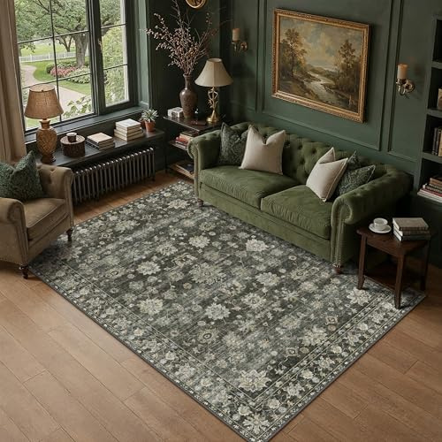 PureCozy Vintage Teppich Wohnzimmer 140x200cm Grün Waschbar Teppiche Rug | Retro Kurzflor Carpet,Waschbar,Rutschfest,Weich,für Wohnzimmerteppich,Schlafzimmer,Esszimmer,Büro