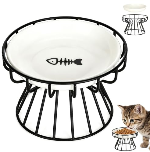 VINATO Support Métal Gamelle Chat Surélevée, Design Plat Bol Céramique Surélevée pour Chat, Lavable au Lave-Vaisselle et Stable