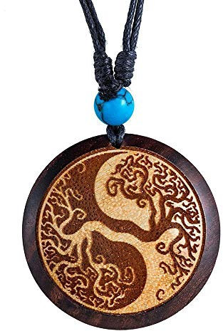 CHICNET Halskette Türkis verstellbar Kette Holz Anhänger rund Raute | Sri Yantra Yinyang Om Baum des Lebens Thors Hammer Allsehendes Auge Viking Celtic Nordic Azteken Buddha Holzkette