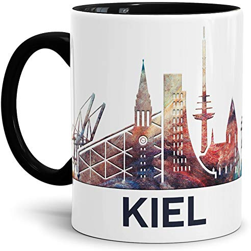 Kiel-Tasse Skyline - Kaffeetasse/Silhouette/Becher/Souvenir/Städte-Tasse/Mug/Cup/Beste Qualität - 25 Jahre Erfahrung - Innen & Henkel Schwarz