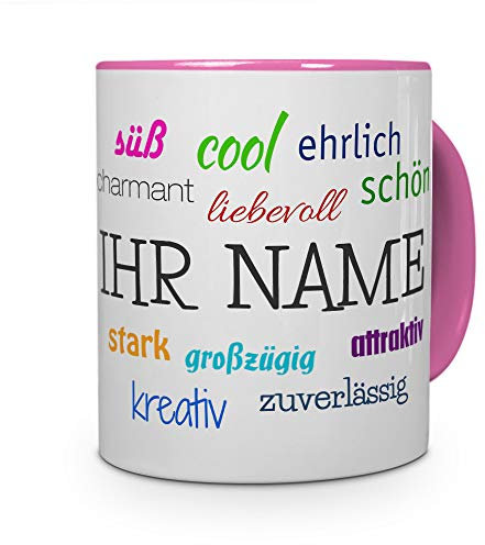 printplanet® Tasse mit Namen personalisiert - Motiv Positive Eigenschaften individuell gestalten - Farbvariante Rosa