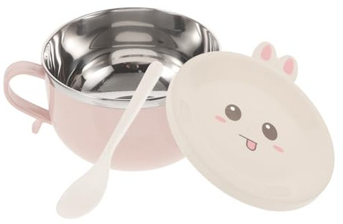 BESTonZON Edelstahl Doppelschicht Instant Nudeln Schüssel mit Deckel und Löffel Cartoon Lunchbox Isolierbehälter,Rosa (Löffel und Deckel sind in zufälligen Farben und Mustern erhältlich)