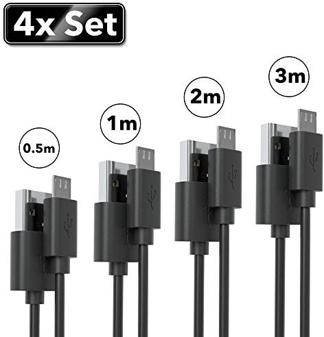 JAMEGA – Micro USB Kabel 4er Pack (0,5m 1m 2m 3m) | USB Ladekabel Datenkabel für Micro USB Geräte kompatibel mit Samsung, HTC, Huawei, Sony, Nokia, Nexus, Kindle, PS4 XBOX Controller uvm. – Schwarz
