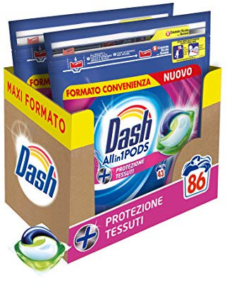 Dash Pods All in 1 Detersivo Lavatrice in Capsule, 86 Lavaggi (2 x 43), Protezione Tessuti, Maxi Formato