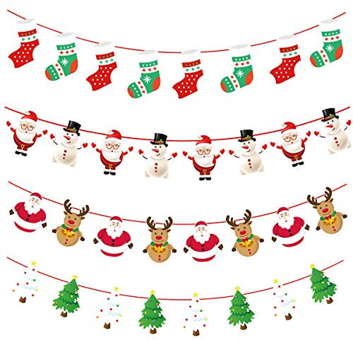 4 Piezas Banderas de Navidad Banderines con Calcetines Navideños de árboles de Navidad Alk y Santa, Navidad Banner de Guirnalda para la Decoración Navideña