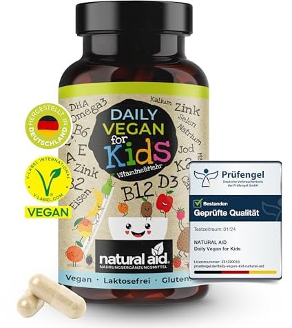 natural aid Daily Vegan for Kids - Vitamine mit B12 + D3 + K2 + Omega3 + B2 + B6 + A + C + E + Calcium + Magnesium + Eisen + Zink + Kalium + Jod + Natrium + Selen - 120 Kapseln (4 Monats-Vorrat)
