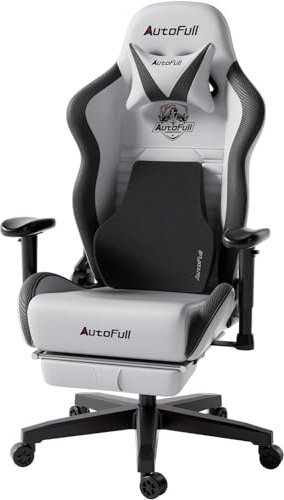 AutoFull C3 Gaming Stuhl, Ergonomisch Gaming-Stuhl mit Lordosenstütze, Höhenverstellbar & Neigungsfunktion, Gaming Stühle mit Fußstütze, 150 kg Belastbarkeit, Rennsitzdesign PU Leder (Grau)