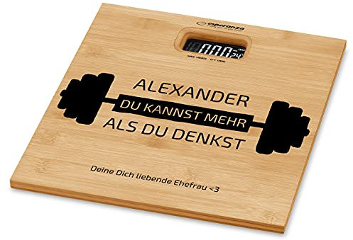 Maverton Personenwaage mit Aufdruck - Körperwaage - Größe: 30x30x3.5cm - aus Bambus - Geschenk zum Geburtstag Männer - Hantel