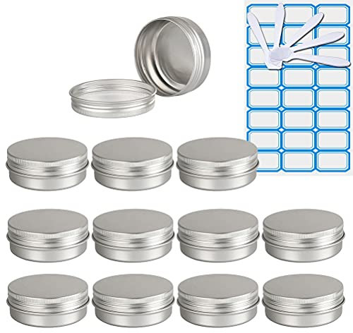 ZEOABSY 10 Pièces 60ml Pots en Aluminium Vide Rond Argent Petit Cosmétiques Pot Conteneurs for Fait Main Bougies Crème Baume Voyage, 5X Spatule, 1x Étiquettes