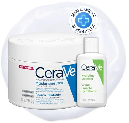 CeraVe Kit Corpo e Viaggio, Crema Idratante Viso e Corpo, Per Pelle Secca, Con Acido Ialuronico, 340 g + Detergente Idratante Viso da Viaggio, Per Pelli da Normali a Secche, 20 ml