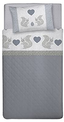 PENSIERI DELICATI Completo Letto Singolo, Flanella 100% Cotone Caldo e Morbido, Completo Lenzuola 90 x 200 cm, Include Lenzuolo Sotto, Sopra e 1 Federa, Made in Italy, Fantasia Scoiattolo Grigio