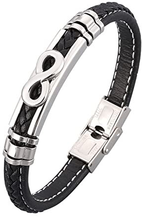 Skcess Armbänder für Männer Silber,Kettenarmbänder Unendlicher Lederarmreif Rostfreier Stahl Armbänder für Herren 18.5cm