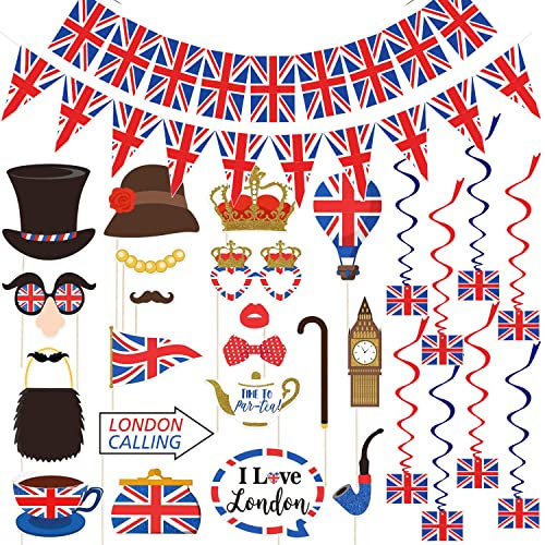 British National Day Festival Party Set,20 stücke Britische Flagge Photo Booth Requisiten,3 stücke Wimpelkette Union Jack, Länge 10 Meter,8 stücke Britischen Union Jack Hang Spiral Dekor
