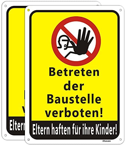 Betreten der Baustelle verboten Schild Eltern haften für ihre Kinder Schilder Alu 30x20cm Warnhinweis Baustellenzaun Zutrittsverbot Hinweisschild Privatgrundstück Baustellenkennzeichnung 2 Stück