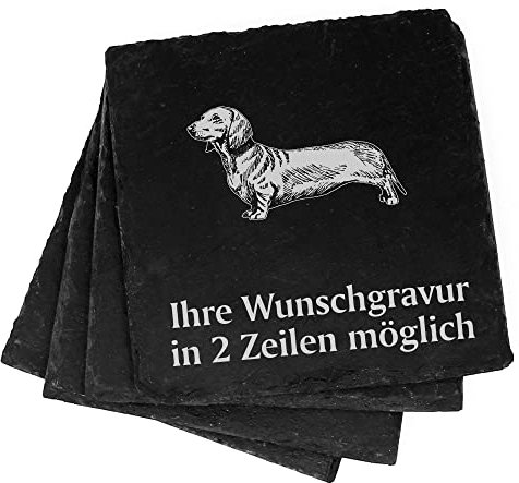 4X Dackel Deko Schiefer Untersetzer Wunschgravur Set - 11 x 11 cm Flaschenuntersetzer Glasuntersetzer Tassenuntersetzer