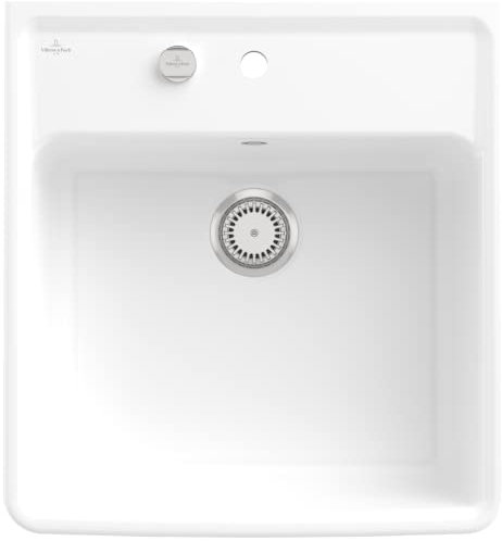 Villeroy & Boch Spülstein Einzelbecken, inklusive Ablaufgarnitur mit Excenterbetätigung, aus Keramik, 595 x 630 mm, Weiß Alpin CeramicPlus