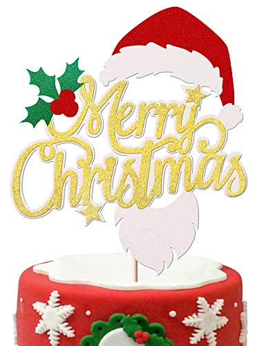 Rsstarxi 1 Pack Merry Christmas Cake Topper Glitter Holly Leaves and Berries Cake Pick Santa Hat Beard Cake Decorations for Christmas Theme Happy New Year Kids Birthday Party Supplies Gold