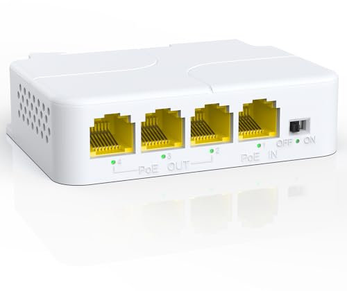 YuanLey 4 Port PoE Extender Gigabit mit 3 PoE Ausgängen, IEEE 802.3af/at Mini 4 Kanal PoE Repeater 1000Mbps, Wand und DIN-Schiene Montieren Passthrough POE-Verstärker/Booster, Plug and Play