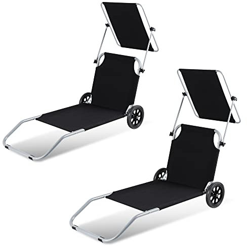 Izrielar Sonnenliege Liegestuhl, 2X Gartenliege Strandliege Klappbar mit Sonnenschutz 2 Rädern, Campingliege Faltbar Kippliege, Rollen Strandliege Verstellbare Rückenlehne, Schwarz
