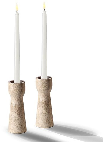 WORHE Kerzenhalter aus italienischem Marmor, Set mit 2 Stumpenkerzenhalter für Zuhause, Esszimmer, Party, Hochzeit, Moderne Weihnachtsdekoration, Premium-Kerzenständer, Hellbraun (WH009)