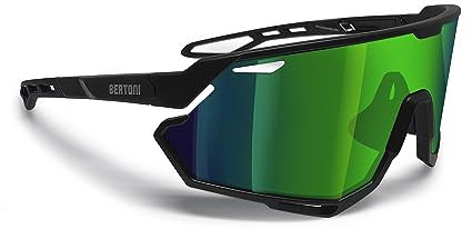 BERTONI Radfahren MTB Lauf Sportbrille für Männer Frauen in TR90 Antibeschlag Weitwinkelobjektiv mod. ALPHA (Matt Schwarz/Glänzendes Schwarz – Grüne Spiegellinse)