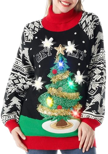 JOYIN Frau leuchten Pullover hässliches langes Pulloverkleid mit lustigem 3D -Weihnachtsbaum und Neuheit Glühbirnen, schwarzer Langarm Xmas Strick Musterpullover (L)