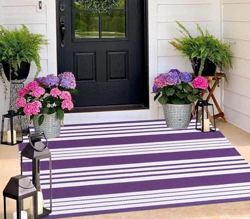 BUAGETUP Lila und Weiß Outdoor-Teppich, 90 x 150 cm, handgewebt, Baumwolle, waschbar, gestreift, für Veranda, maschinenwaschbar, für den Innen- und Außenbereich, Bodenmatte für Bauernhaus/geschichtete