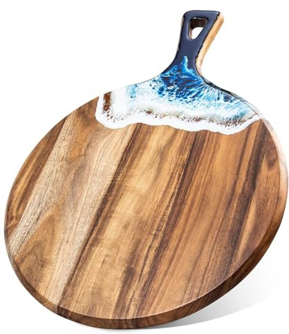 Schneidebrett aus Akazienholz und Harz, mit Griff, Schneidebrett aus Holz, rundes Paddel, Brot, Servierbrett, Charcuterie-Bretter, Hackblöcke, Pizza-Kreis, Schnitzen