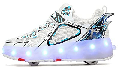 Jungen Mädchen Rollschuhe Schuhe Mit 4 Rollen Skateboardschuhe, Verstellbar Jugend Schuhe mit Rollen und LED Licht, Multifunktionale Sportschuhe Outdoorschuhe für Kinder Erwachsene…-Weiß||41