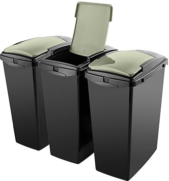 Addis Recycling 40 litre waste kitchen plastic bins, Set of 3, modular system with lift lids, Black with delicate Sage Green