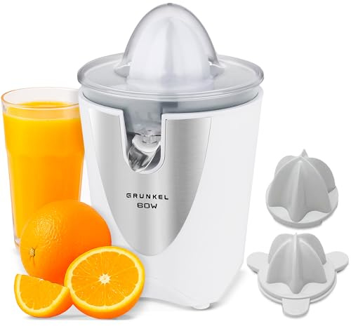 Grunkel - Exprimidor de naranjas o cítricos Eléctrico - Dos Conos Intercambiables - Boquilla de Acero Inoxidable - Filtro de Pulpa (Blanco)