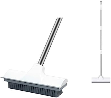 JINGUWU Long Handle Floor Scrub Brush 2 in 1 Floor Scrub Brush with Squeegee for Bathroom, Kitchen, Patio, Tile, Wall & Deck Cleaning - Multipurpose Push Brooms