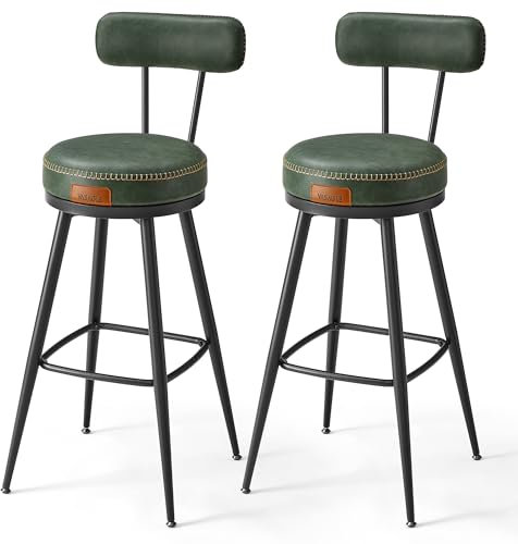VASAGLE EKHO Kollektion - 360° drehbarer Barhocker, 4er Set, Hocker mit Rückenlehne für Bartisch, Kunstleder mit Nähten, Mid-Century-Modern-Stil, 76 cm hoch, Küche, Hausbar, waldgrün LBC389C01
