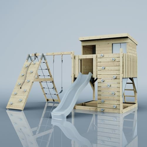 PolarPlay Emil Wooden Play Tower in Blue | 8ft Slide | Swing arm | Galvanised swing hangers|