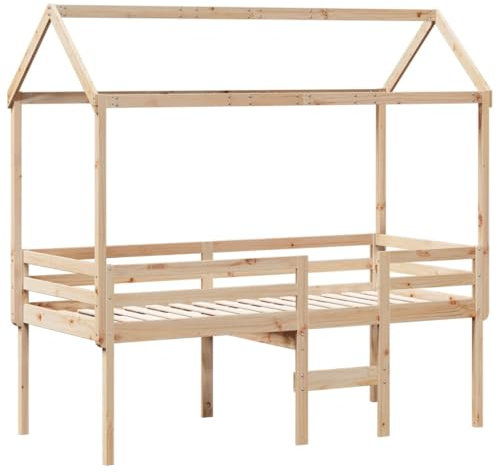 vidaXL Hochbett, Kinderbett mit Dach Leiter Sperrholzlatten, Spielbett für Kinderzimmer, Bett Holzbett Einzelbett, 90x200cm Massivholz Kiefer