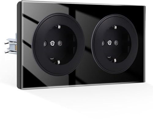 CNBINGO Doppelsteckdose Unterputz mit Krallen - Glas Schuko Steckdose mit Kindersicherung - 16 Amp Schutzkontakt Wandsteckdose - Schwarz