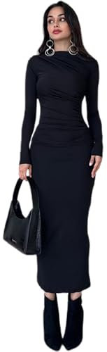 Hanaoops Women's Maxi Dress Sexy Lounge Long Dresses Bodycon Long Sleeve Dresses Elegant Wrap Hip Dress Y2k Slim Fit Ruched Clubwear Pencil Long Dress for Ladies Nightclub Party Black