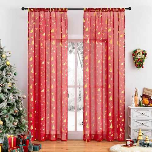 Softalker Weihnachtsgardinen Gardinen Stangendurchzu Vorhänge Transparent in Leinenoptik Voile Vorhang Durchsichtig Gardine Schal 225 cm Hoch Rot für Schlafzimmer Fenster Vorhang 140 cm Breit, 2 STK
