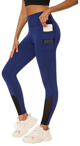 Rexspek Damen Mesh Sporthose mit Tasche, High Waist Sport Leggings, Laufhose, Lang, M, Tiefblau/Mesh