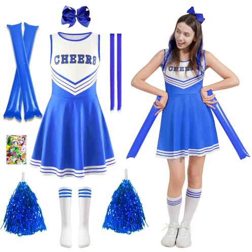 HILKKET Cheerleader Kostüm Kinder, Cheerleadering Outfit Mädchen, Cheerleading Kleid Cheer Uniformen mit Pompoms, Socken und Haarzubehör, Kinder Cheer Outfit (Blau, L)