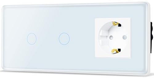 TAWOIA Touch Lichtschalter mit Steckdose,EU Standard 1 Fach Steckdose Doppelt 1 Fach 1 Wege mit Unterputz Lichtschalter mit 2.5D Curved Glas Platte 86 * 228mm Weiß