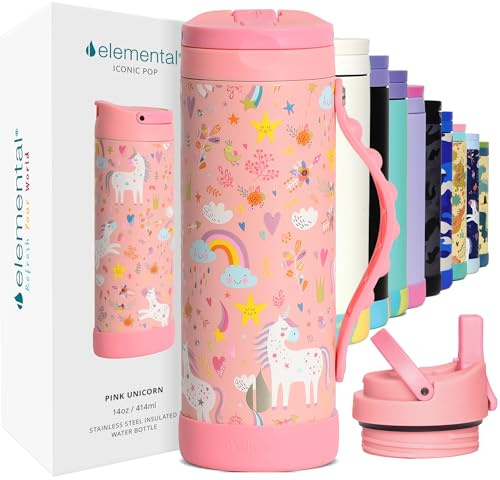 Elemental Iconic 414ml Triple-Wall Insulated Water Bottle with Straw – Sports-Lid & Pop Fidget Handle – Leakproof Stainless Steel Sports Water Bottle for Hot & Cold Drinks – Pink Unicorn