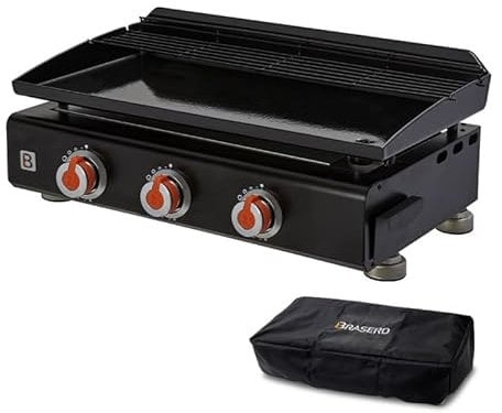 BRASERO - Plancha Silvia II G 3 Feux Surface Cuisson 67 x 34 cm - 3 brûleurs - Plaque Acier émaillée - Grille de réchauffement + Housse Offerte - Jusqu'à 10 convives - 7,5 KW